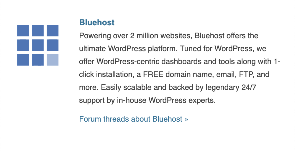 صورة توضح توصية WordPress.org باستخدام bluehost