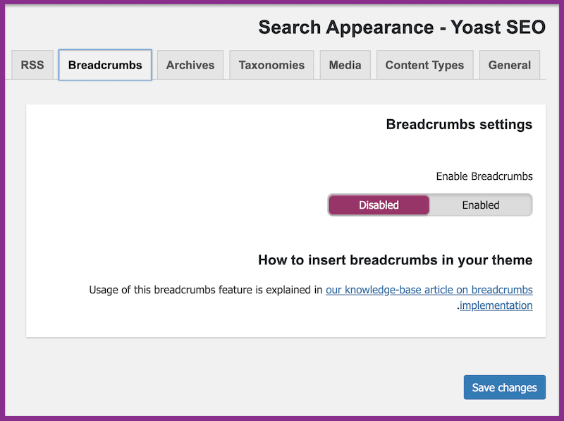 صورة توضيحية لطريقة تفعيل ال Breadcrumbs من خلال إضافة Yoast على منصة wordpress