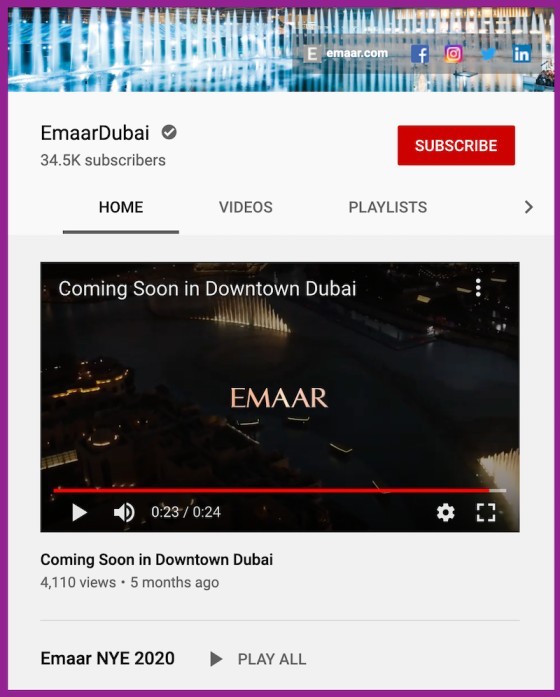 ‎⁨صورة قناة يوتيوب شركة إعمار⁩ لتوضيح استخدام الشركة لقناتهم لتسويق المحتوى باستخدام تنسيق الفيديو